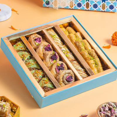 Holi flavoured assorted baklava- Assorted baklava 500gms luxe gift box- Holi special sweets - THE BAKLAVA BOX