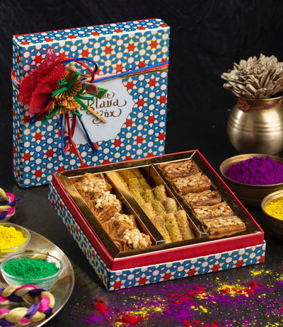 Holi Gift Box : Assorted Baklava (250gm) with Ribbon Packaging and Gulal - THE BAKLAVA BOX