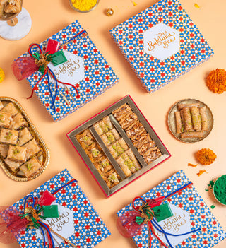 Holi Gift Box : Assorted Baklava (250gm) with Ribbon Packaging and Gulal - THE BAKLAVA BOX