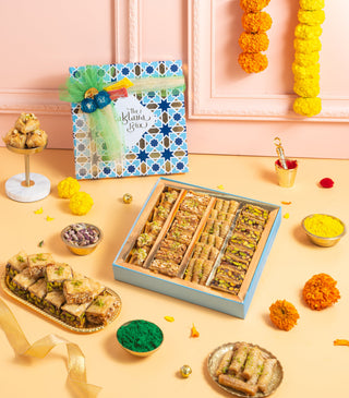Holi Gift Box : Assorted Baklava (500gm) with Ribbon Packaging and Gulal - THE BAKLAVA BOX