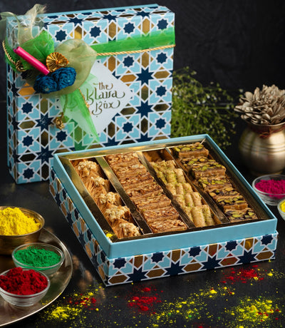 Holi Gift Box : Assorted Baklava (500gm) with Ribbon Packaging and Gulal - THE BAKLAVA BOX