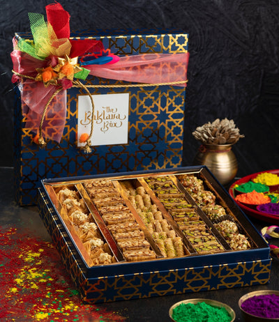 Holi Gift Box : Assorted Baklava (750gm) with Ribbon Packaging and Gulal - THE BAKLAVA BOX