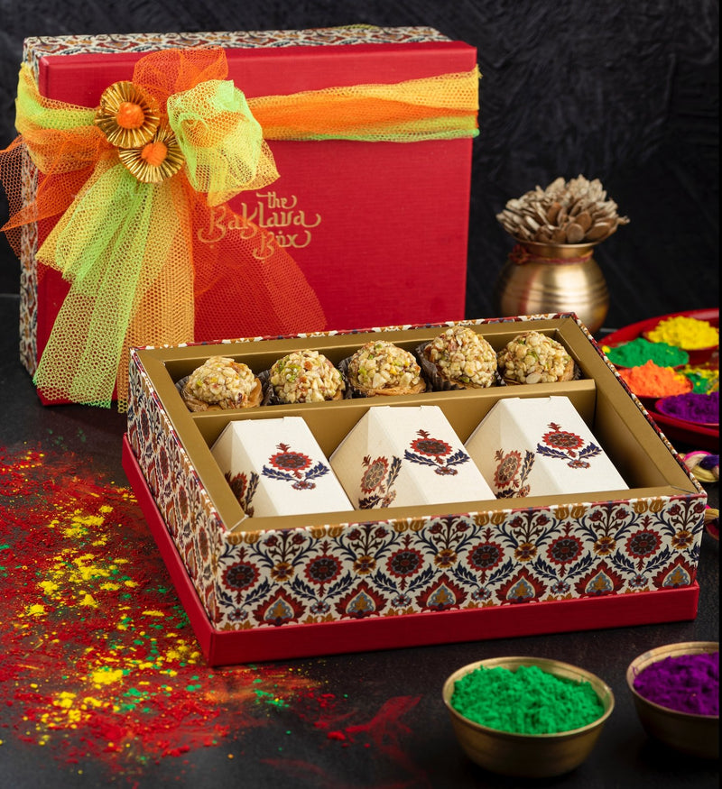 Holi Gift Box : Baklavas & Dry Fruits with Ribbon Packaging and Gulal - THE BAKLAVA BOX