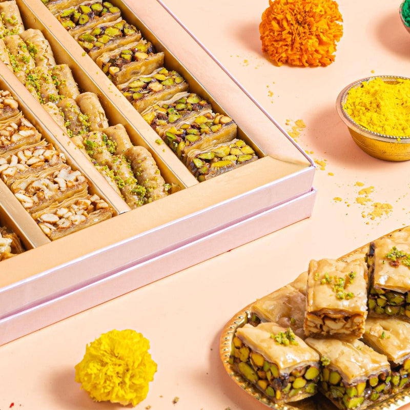 Holi gift box- Peakock gift box with assorted baklavas- Holi special sweets - THE BAKLAVA BOX