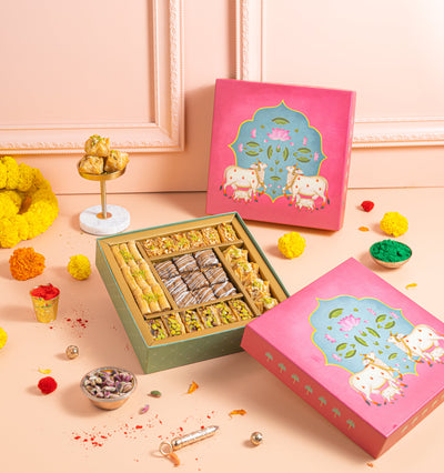 Holi gift box- Pichwai gift box with assorted baklavas- Holi special sweets - THE BAKLAVA BOX