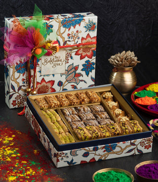 Holi Gift Box : Regalia Baklava Box with Ribbon Packaging and Gulal - THE BAKLAVA BOX