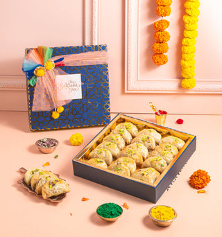 Holi Gujiya gift box-Navy Imperial gift box with Turkish gujiya- Holi special sweets - THE BAKLAVA BOX