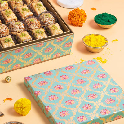 Holi Lotus gift box with baklavas and dry fruits - Holi special sweets - THE BAKLAVA BOX