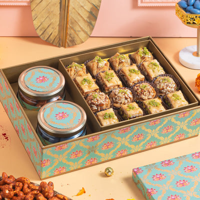 Holi Lotus gift box with baklavas and dry fruits - Holi special sweets - THE BAKLAVA BOX