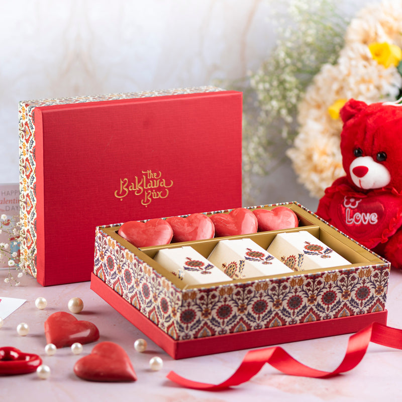 Love Box with Flavoured Nuts and Chocolates With Ribbon Packaging - THE BAKLAVA BOX
