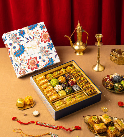Rakhi Gift Box : Regalia Gift Box with Indian Sweets with 2 sets of rakhi - THE BAKLAVA BOX