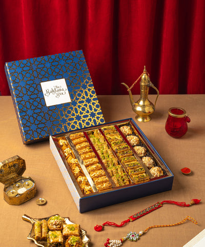 Rakhi Gift Box With Assorted Baklavas & Rakhi - Navy Imperial Gift Box- Assorted baklava 750gms - THE BAKLAVA BOX