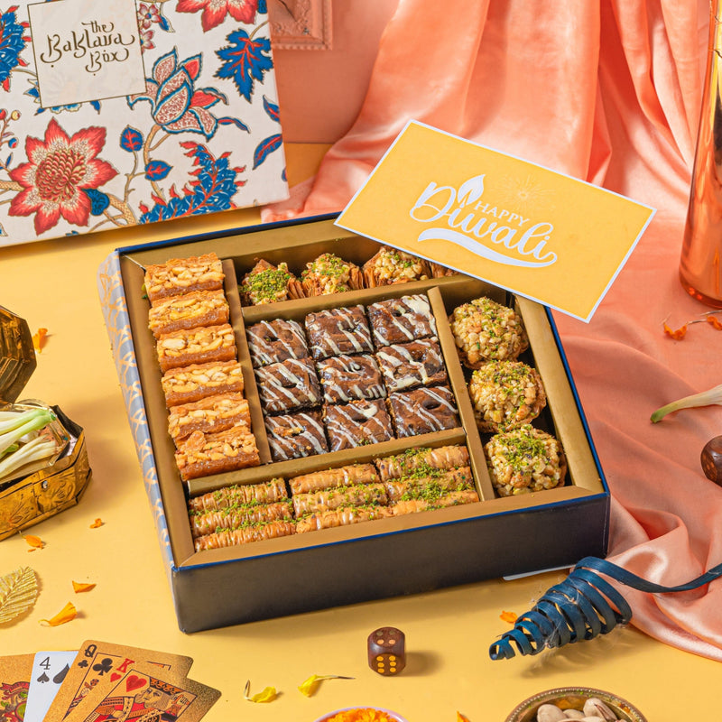 REGALIA BAKLAVA SWEETS GIFT BOX WITH HAPPY DIWALI CARD- DIWALI PREMIUM GIFT BOX - THE BAKLAVA BOX