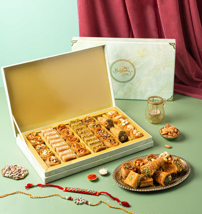 Royal Vega- Assorted Kunafa gift box with Rakhi (2 sets) - THE BAKLAVA BOX