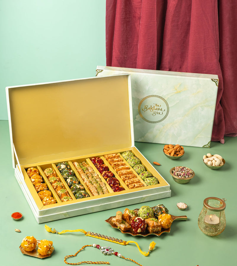 Royal Vega Box (1 kg) - Baklavas & Laddoos and rakhi (2 sets)- Rakhi gift box - THE BAKLAVA BOX
